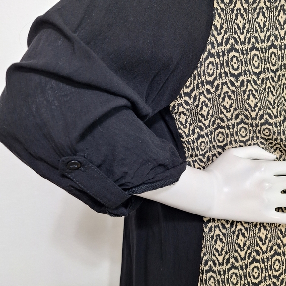 Urban Mangoz Black Tan Geometric Print 3/4 Sleeve Boho Retro Tunic Top Size L - Picture 5 of 12